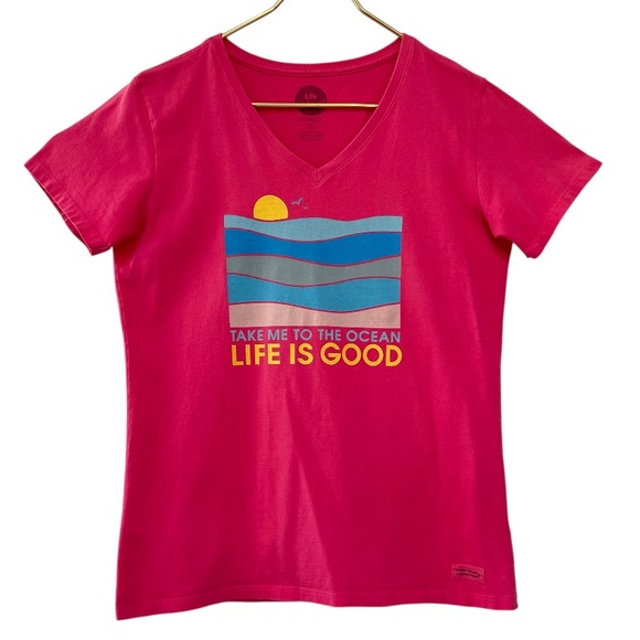Life Is Good Tops - Life Is Good Crusher Tee V-Neck “Take Me to the Ocean” Pink Classic Fit Medium